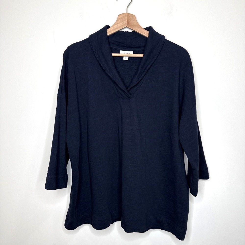 J.Jill PureJill Shawl Pullover Top Womens L Blue V‎ Neck Cotton 3/4 Sleeve Thick